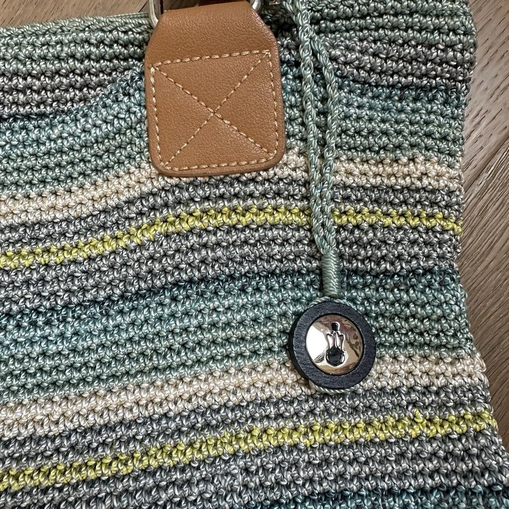 The Sak Cambria Crochet Aqua Stripe Shoulder‎ Bag Purse Double Handle